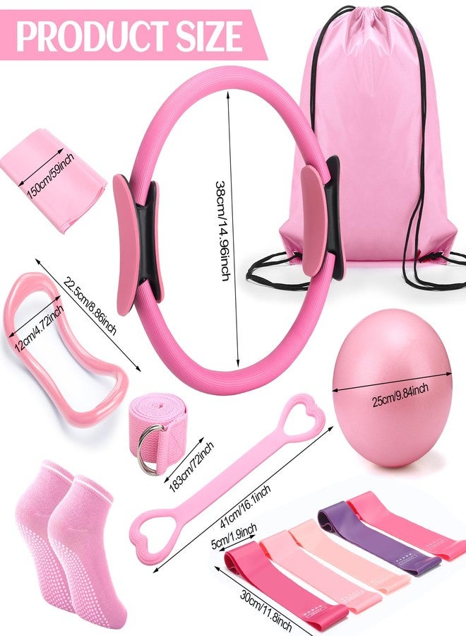 RoundFunny Pilates Ring Circle Set 18 Pcs Exercise Equipment Accessories for Women Workouts Pilates Ball Stretching Strap Magic Circle Yoga Ring Gym Back Bag Resistance Band Anti Slip Socks(Pink) - Image 2