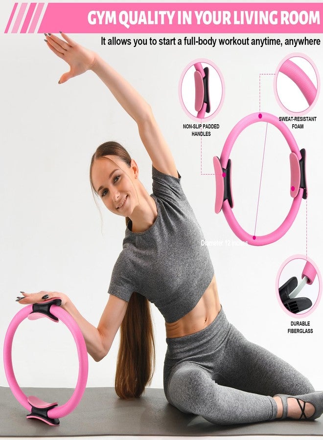 RoundFunny Pilates Ring Circle Set 18 Pcs Exercise Equipment Accessories for Women Workouts Pilates Ball Stretching Strap Magic Circle Yoga Ring Gym Back Bag Resistance Band Anti Slip Socks(Pink) - Image 3