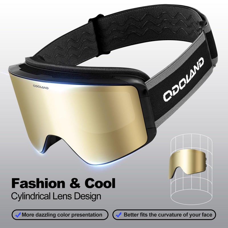 Odoland Ski Goggles Set with Detachable Lens, Frameless Interchangeable Lens, Anti-Fog UV Protection Snow Goggles for Men and Women, Helmet Compatible - Black Frame Golden Lens - Image 4