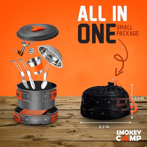 Smokey Camp 11 Pcs Smokey Camp Backpacking Cooking Set with Stove Adapter Pot Pan Stove Cutlery Compact Camping Cookware Mess Kit for One Person All in One NonStick Camping Cooking Set Hiking Picnic - Image 3