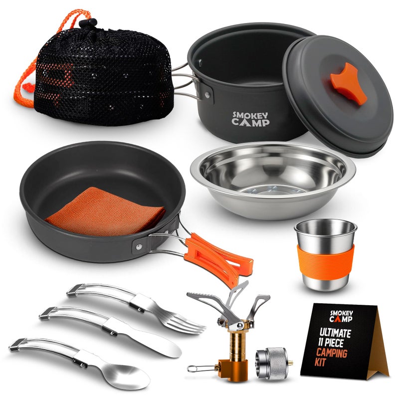 Smokey Camp 11 Pcs Smokey Camp Backpacking Cooking Set with Stove Adapter Pot Pan Stove Cutlery Compact Camping Cookware Mess Kit for One Person All in One NonStick Camping Cooking Set Hiking Picnic - Image 2