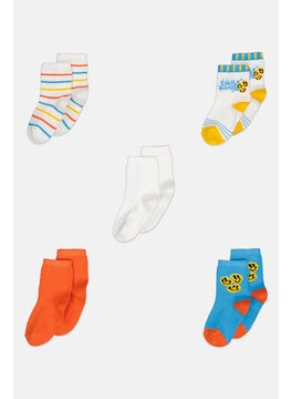 Kids Boy 5 Pairs Printed Socks, White/Orange/Blue