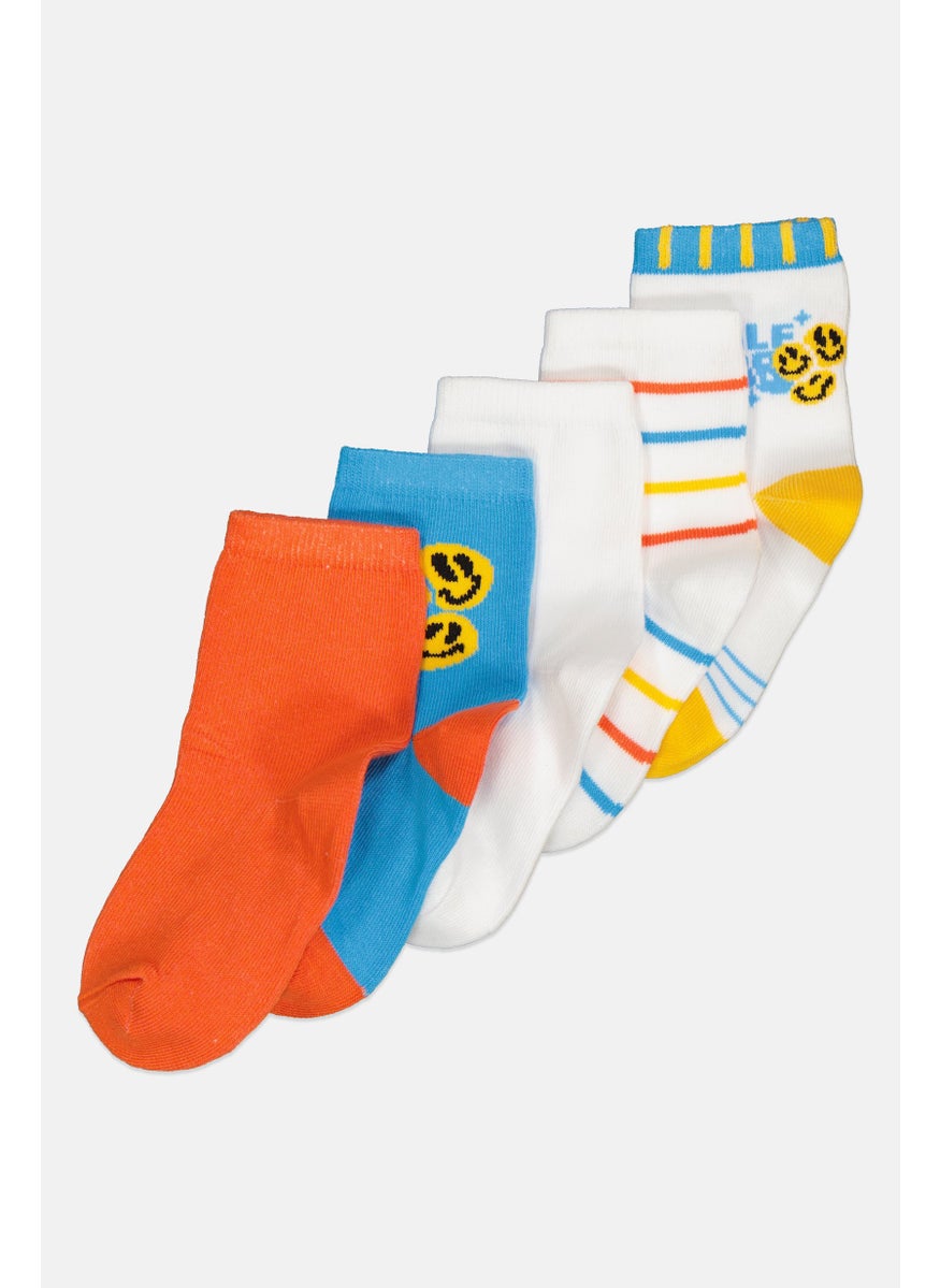 RBX - Kids Boy 5 Pairs Printed Socks, White/Orange/Blue - Image 1