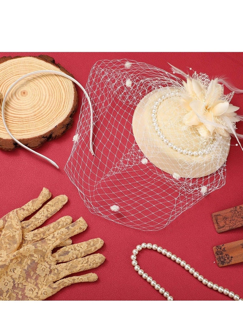 1950s Vintage Fascinator Hat, Faux Feather Mesh Net Hat Tea Party Headwear with Veil and Women Short Lace Gloves Imitation Pearl Necklace, Costume Accessories for Girls and Women Wedding (Apricot) - Image 4
