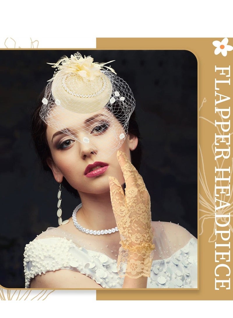 1950s Vintage Fascinator Hat, Faux Feather Mesh Net Hat Tea Party Headwear with Veil and Women Short Lace Gloves Imitation Pearl Necklace, Costume Accessories for Girls and Women Wedding (Apricot) - Image 5