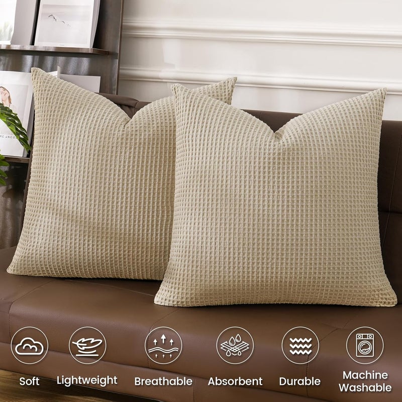 PHF 2 Piece 45cm x 45cm Cotton Waffle Weave Throw Pillow Covers, Elegant Decorative Square Covers, No Insert, Khaki - Image 3