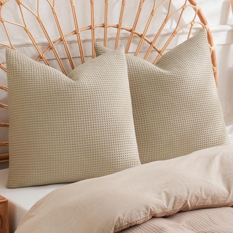 PHF 2 Piece 45cm x 45cm Cotton Waffle Weave Throw Pillow Covers, Elegant Decorative Square Covers, No Insert, Khaki - Image 1