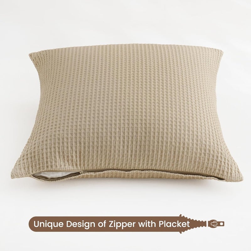 PHF 2 Piece 45cm x 45cm Cotton Waffle Weave Throw Pillow Covers, Elegant Decorative Square Covers, No Insert, Khaki - Image 5