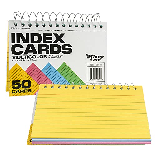 ThreeLeaf Spiral Bound Colored Index Card Books, 3x5-Inch, Ruled, Perforated, Assorted Bright Colors, 50 Cards per Book - Image 1