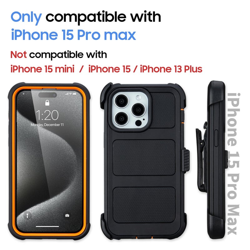 Saiboro Defender for iPhone 15 Pro Max Case with Clip Holster,Heavy Duty Rugged Full-Body,2 Layers of Sturdy,Anti-Drop,Military-Grade Defender Cover for iPhone 15 Pro Max Phone Case (Black & Orange) - Image 4