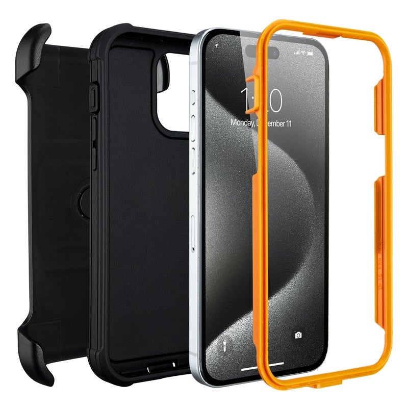 Saiboro Defender for iPhone 15 Pro Max Case with Clip Holster,Heavy Duty Rugged Full-Body,2 Layers of Sturdy,Anti-Drop,Military-Grade Defender Cover for iPhone 15 Pro Max Phone Case (Black & Orange) - Image 3