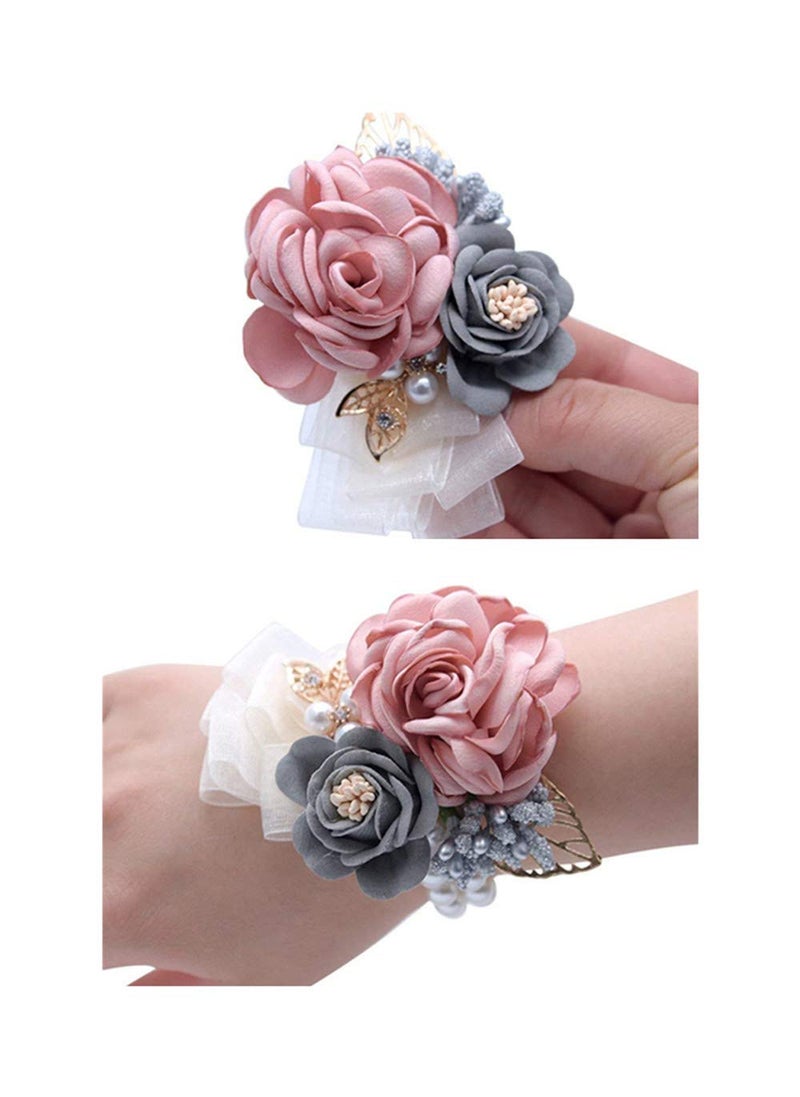 Flonding Rose Wedding Wrist Corsage and Boutonniere Set Party Prom Hand Ribbon Flower Suit Decor (Champagne Pink) - Image 1