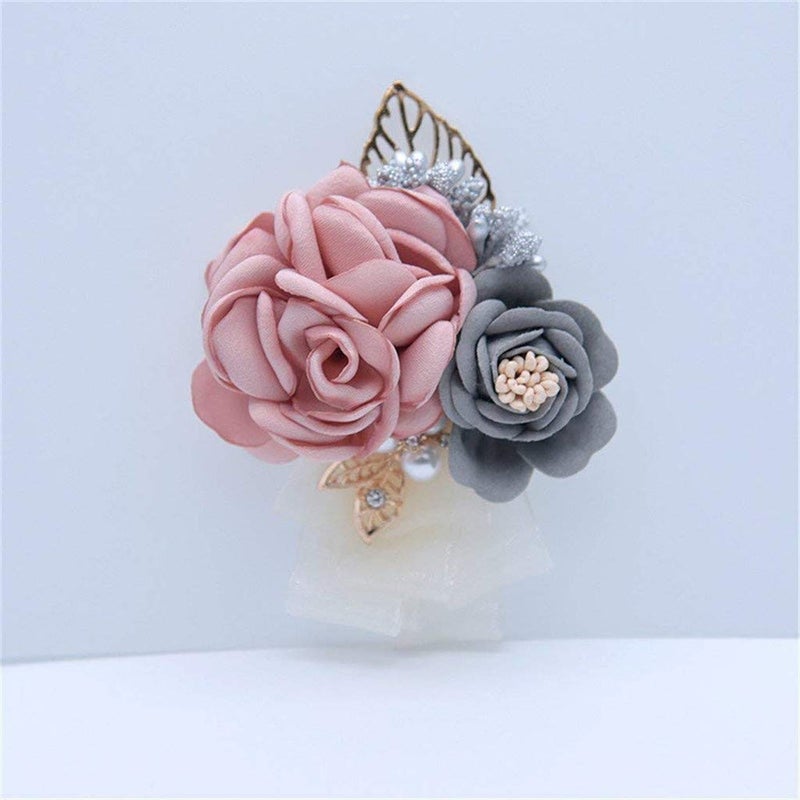 Flonding Rose Wedding Wrist Corsage and Boutonniere Set Party Prom Hand Ribbon Flower Suit Decor (Champagne Pink) - Image 4
