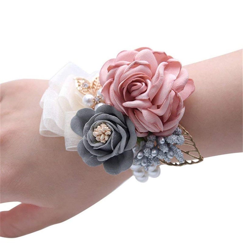 Flonding Rose Wedding Wrist Corsage and Boutonniere Set Party Prom Hand Ribbon Flower Suit Decor (Champagne Pink) - Image 3