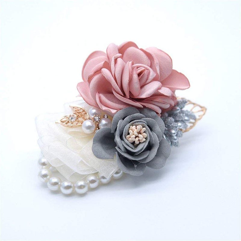 Flonding Rose Wedding Wrist Corsage and Boutonniere Set Party Prom Hand Ribbon Flower Suit Decor (Champagne Pink) - Image 5
