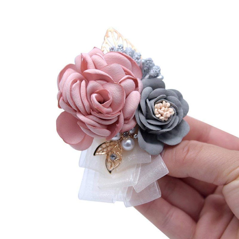 Flonding Rose Wedding Wrist Corsage and Boutonniere Set Party Prom Hand Ribbon Flower Suit Decor (Champagne Pink) - Image 2