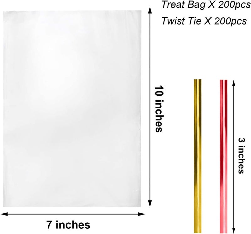 Morepack Cello Cellophane Treat Bags,200 PCS Clear Pastic Gift Bags with Twist Ties,Party Favor Bags (7"x10") - Image 2