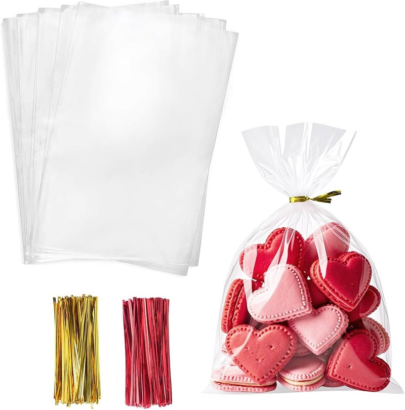 Morepack Cello Cellophane Treat Bags,200 PCS Clear Pastic Gift Bags with Twist Ties,Party Favor Bags (7"x10") - Image 1