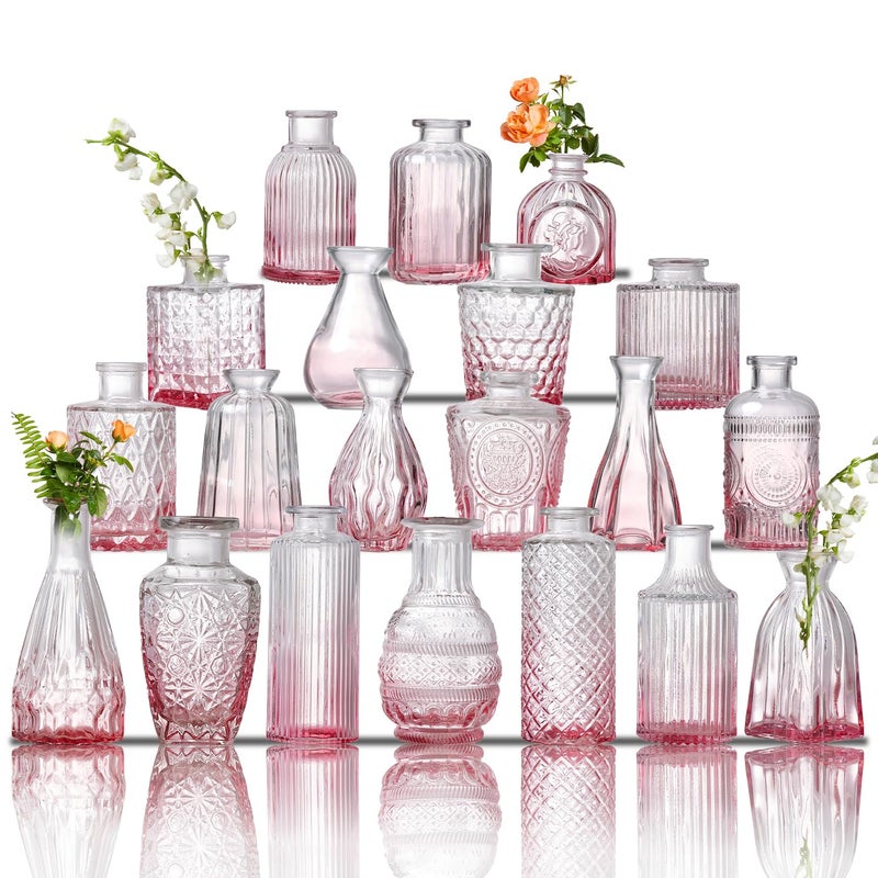 Ulodimi Glass Bud Vase Set of 20 - Small Vases for Flowers in Bulk - Assorted Vintage Crystal Vases for Flowers, Table Centerpieces (Pink, 20 Pcs) - Image 1