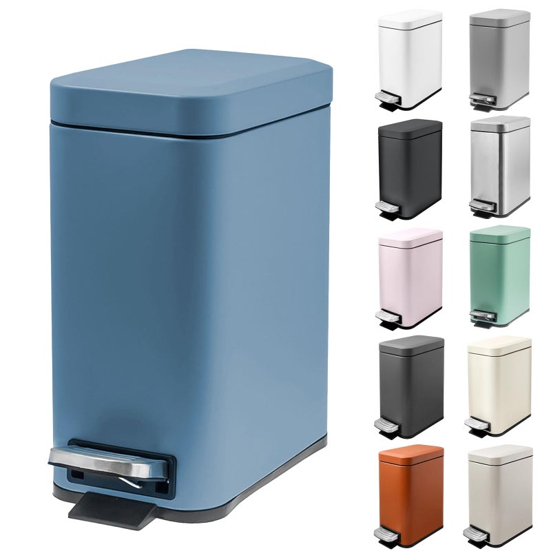 M-Aimee 1.3 Gallon Slim Small Trash Can with Lid Soft Close, Stainless Steel Garbage Can for Bathroom Bedroom Office, Rectangular Step Trash Bin with Removable Inner Waste Basket (Blue) - Image 1
