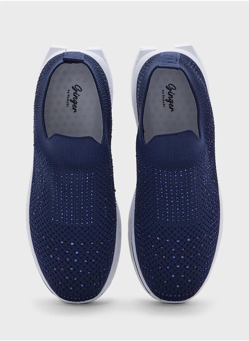 Ginger Diamante Fly Knit Slip On Comfort Shoes