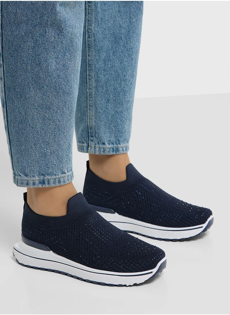 Ginger Diamante Fly Knit Slip On Comfort Shoes