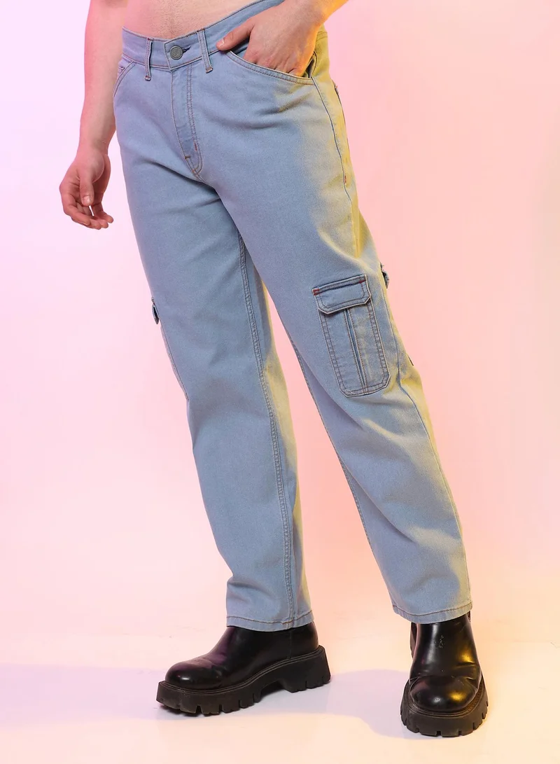 Men's Light Blue Straight Cargo Denim Jeans For Casual Wear | Light-Wash | 6 Pockets | Button Closure | Denim Jeans Crafted With Comfort Fit For Casual Wear