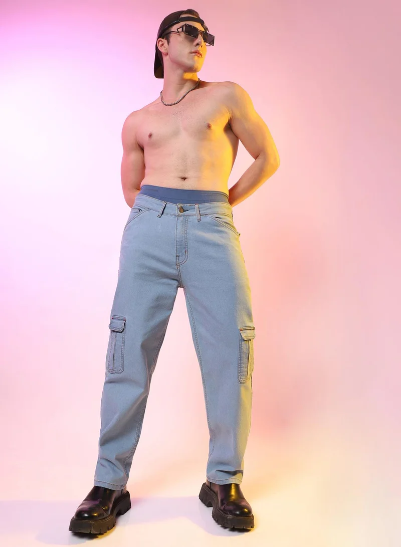 Campus Sutra Men's Light Blue Straight Cargo Denim Jeans