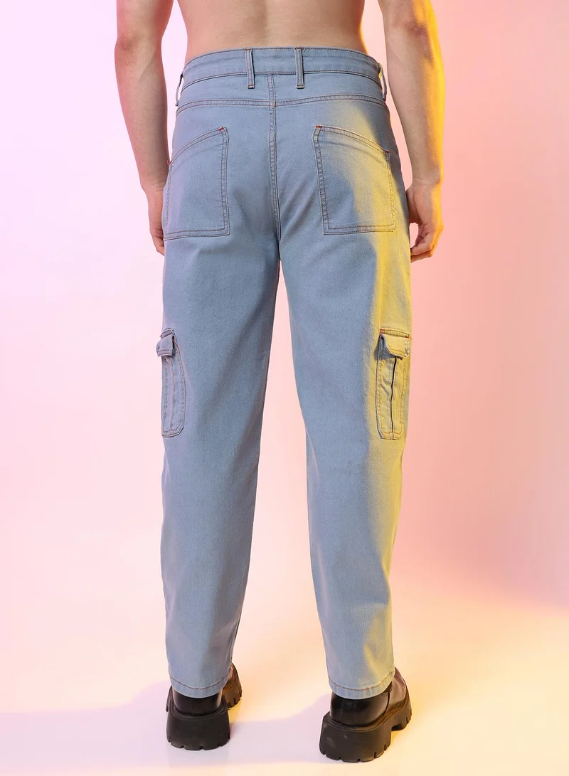 Campus Sutra Men's Light Blue Straight Cargo Denim Jeans