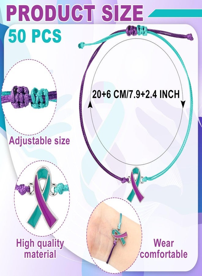 Siifert 50 Pcs Suicide Awareness Bracelets Bulk Suicide Prevention Awareness Bracelets Teal and Purple Ribbon Motivational Wristband for Women Men Mental Health Item Charity Campaign Supplies - Image 3