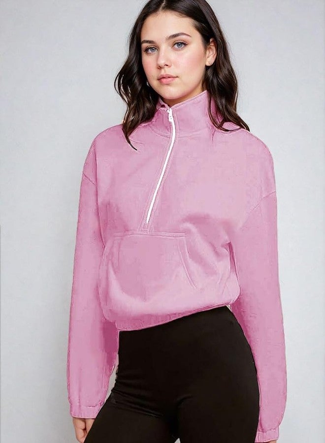 KOTTY Women's Premium Solid Half Zipper Full Sleeve Casual Sweatshirt(Pink,S) - Image 3