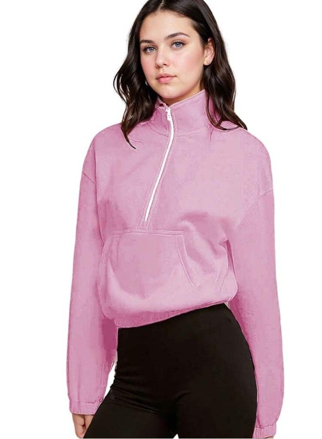 KOTTY Women's Premium Solid Half Zipper Full Sleeve Casual Sweatshirt(Pink,S) - Image 1