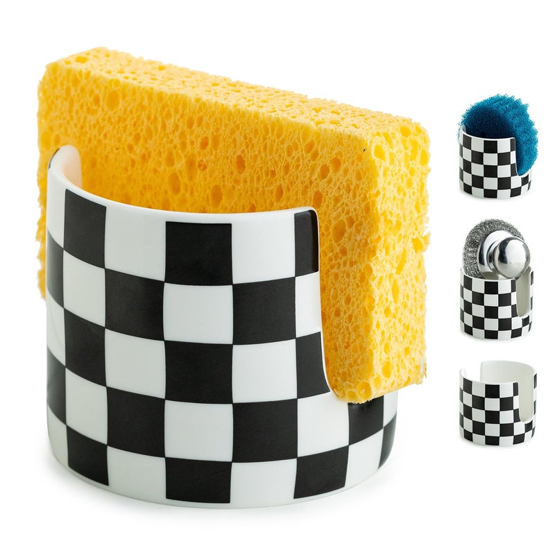 Zoeeker Checkered Kitchen Sink Sponge Holder, Dish Sponge Rack Ceramic Brush Holder Farmhouse Kitchen Drying Rack for Brush, Scrubbers, Bathroom, Sink, Black and White - Image 1