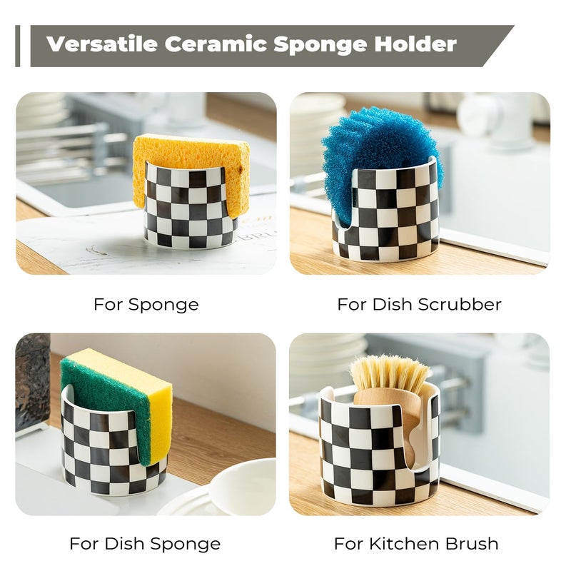 Zoeeker Checkered Kitchen Sink Sponge Holder, Dish Sponge Rack Ceramic Brush Holder Farmhouse Kitchen Drying Rack for Brush, Scrubbers, Bathroom, Sink, Black and White - Image 4