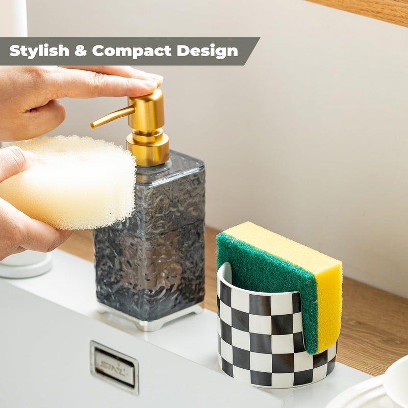 Zoeeker Checkered Kitchen Sink Sponge Holder, Dish Sponge Rack Ceramic Brush Holder Farmhouse Kitchen Drying Rack for Brush, Scrubbers, Bathroom, Sink, Black and White - Image 5