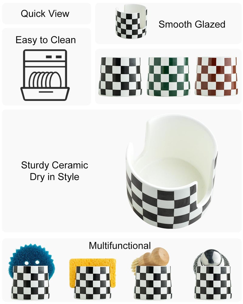 Zoeeker Checkered Kitchen Sink Sponge Holder, Dish Sponge Rack Ceramic Brush Holder Farmhouse Kitchen Drying Rack for Brush, Scrubbers, Bathroom, Sink, Black and White - Image 3