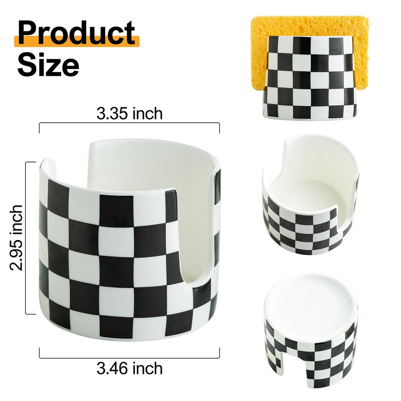 Zoeeker Checkered Kitchen Sink Sponge Holder, Dish Sponge Rack Ceramic Brush Holder Farmhouse Kitchen Drying Rack for Brush, Scrubbers, Bathroom, Sink, Black and White - Image 2