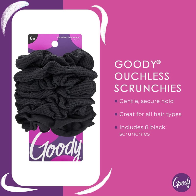 Goody Ouchless Scrunchies, 8 Count Black, Perfect Stocking Stuffer & Holiday Gift for Women & Girls, Gentle No-Damage Hair Accessories with Secure Hold, Soft & Stretchy Fabric for All Hair Types - Image 2