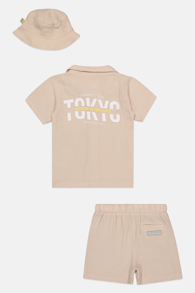 Fudo Kids Boy 3 Pieces Brand Logo Shirt And Shorts With Hat Set, Beige - Image 3