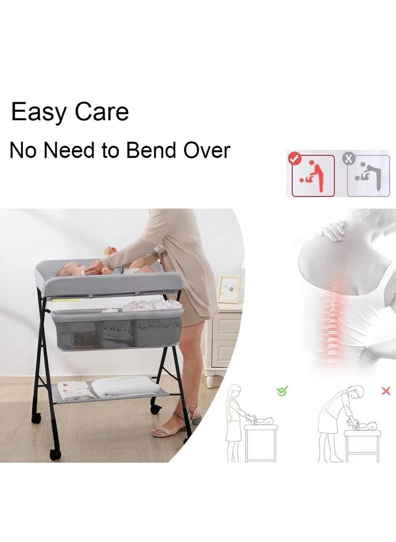 MIXDE Portable Baby Changing Table Waterproof Diaper Changing Table with Wheels Adjustable Height Folding Diaper Station with Safety Belt Large Storage Racks for Newborn Baby and Infant  - Image 2