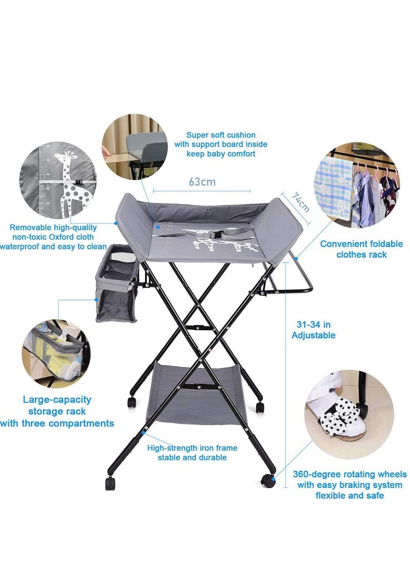 MIXDE Portable Baby Changing Table Waterproof Diaper Changing Table with Wheels Adjustable Height Folding Diaper Station with Safety Belt Large Storage Racks for Newborn Baby and Infant  - Image 4
