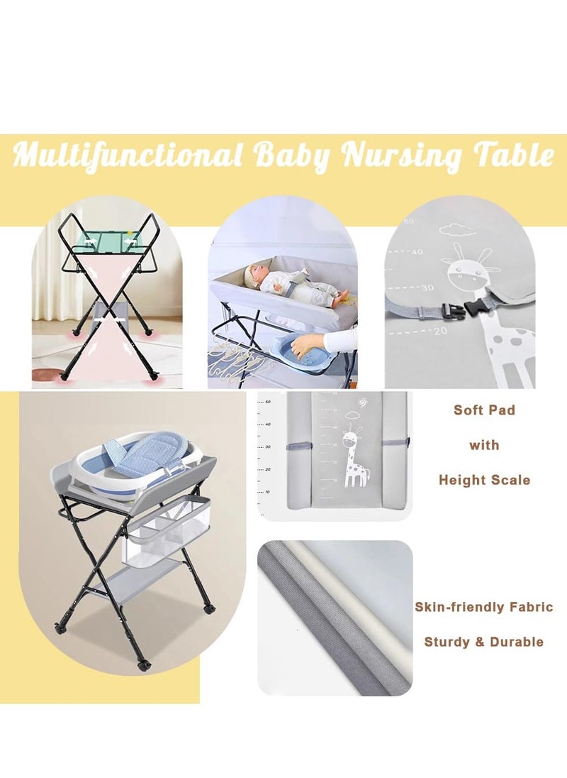 MIXDE Portable Baby Changing Table Waterproof Diaper Changing Table with Wheels Adjustable Height Folding Diaper Station with Safety Belt Large Storage Racks for Newborn Baby and Infant  - Image 5