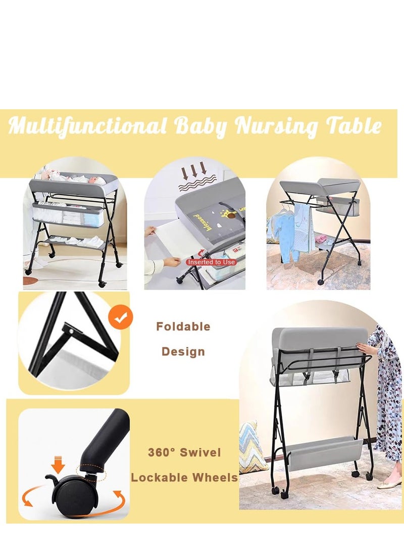 Portable Baby Changing Table Waterproof Diaper Changing Table with Wheels Adjustable Height Folding Diaper Station with Safety Belt Large Storage Racks for Newborn Baby and Infant