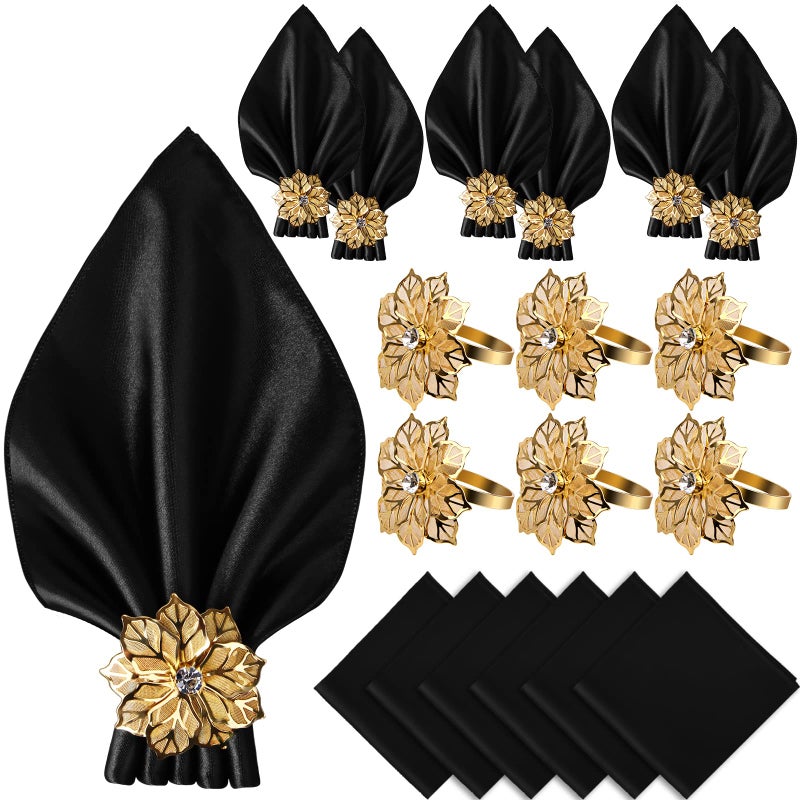 Vijiv VIJIV 12 Pack Cloth Napkins and Gold Napkin Rings Set of 6 17x17 Square Satin Dinner Table Napkins Rings Flower Personalized Napkins Bridal Shower Napkins for Wedding Reception Party Decorative