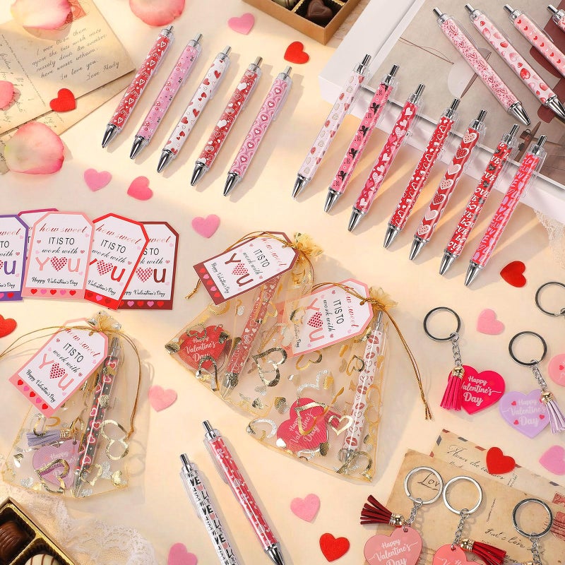 Kenning 192 Pcs Valentine's Day Gifts Bulk Ballpoint Pens Heart Shaped Keychains Motivational Greeting Cards with Bags Inspirational Employee Appreciation Gifts Set for Exchange Office Supplies - Image 3