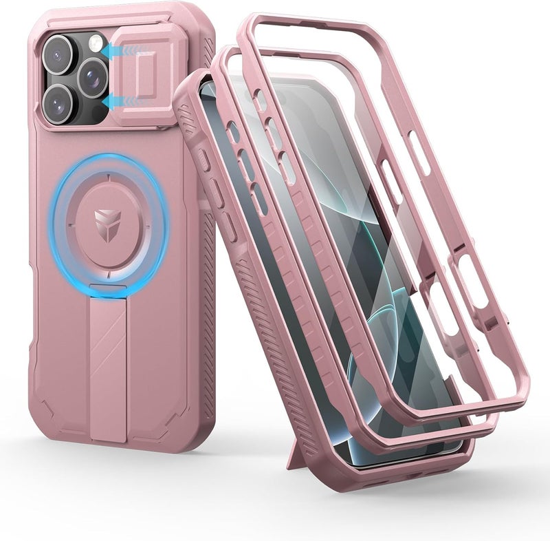 ديكسنور حافظة Dexnor لـ iPhone 16 Pro Max مع غطاء كاميرا منزلق وحامل قابل للتعديل وواقي شاشة مدمج، متوافقة مع MagSafe، حواف مقاومة للصدمات، غطاء حماية مغناطيسي ثقيل، وردي الفاوانيا تركيب عالمي مرن - Image 1
