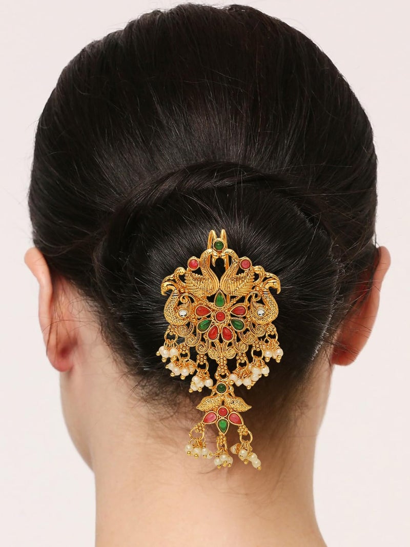 Oomph! OOMPH Jewellery Red Maroon & Green Stones Ethnic Hair Bun Pin - Juda Pin - Floral Design for Women & Girls Stylish Latest (HST4_O) - Image 2