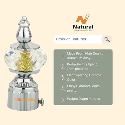 NATURAL Heavy Duty Aluminum Royal Luxury Design Curtain Bracket/Finial and Curtain Support with Screw/Wallplug for Window & Door Curtain Fittings Suitable Upto 1 Inch Pipe. (4 Set, Chrome) - Image 3