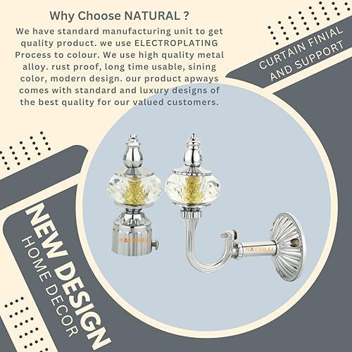 NATURAL Heavy Duty Aluminum Royal Luxury Design Curtain Bracket/Finial and Curtain Support with Screw/Wallplug for Window & Door Curtain Fittings Suitable Upto 1 Inch Pipe. (4 Set, Chrome) - Image 2