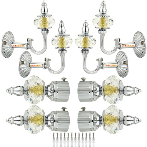 NATURAL Heavy Duty Aluminum Royal Luxury Design Curtain Bracket/Finial and Curtain Support with Screw/Wallplug for Window & Door Curtain Fittings Suitable Upto 1 Inch Pipe. (4 Set, Chrome) - Image 1
